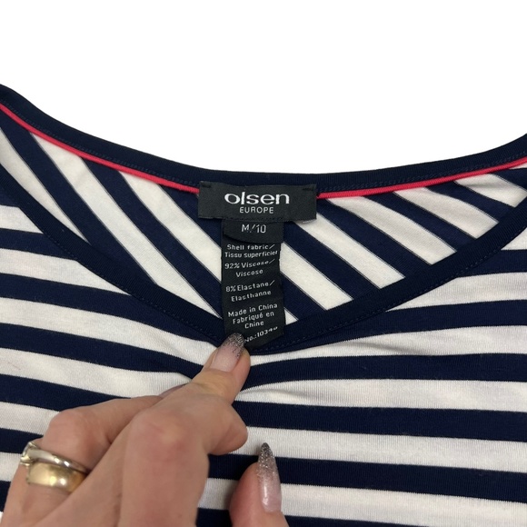 Olsen Europe Navy/White Stripe Round Neck T-shirt Top Size M - Picture 12 of 12